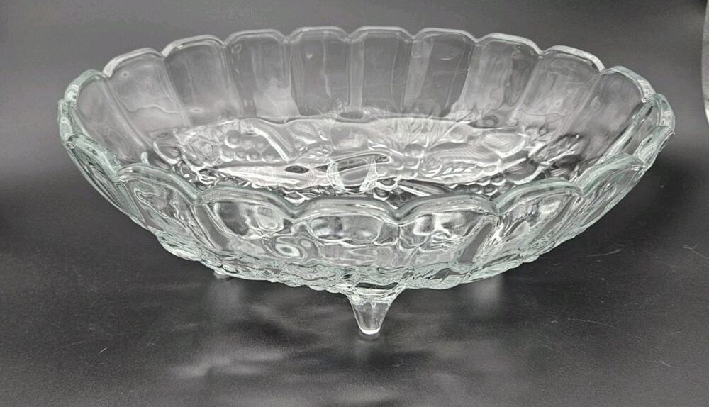 Vintage Pressed Glass Footed Fruit Bowl Grapes Pattern 12" USA 1940s-1950s